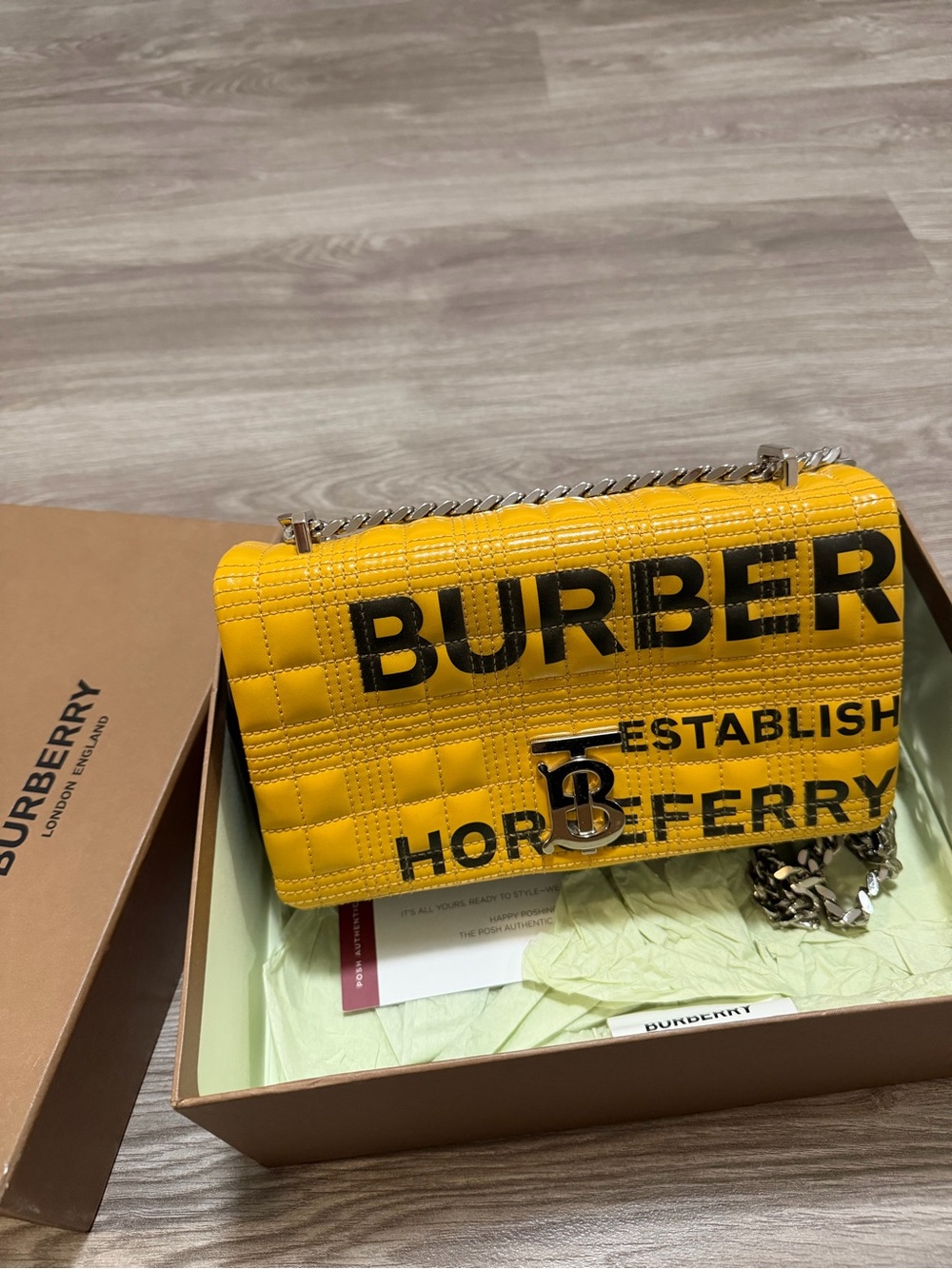Burberry Yellow Quilted Logo Shoulder Bag with Chain Strap
